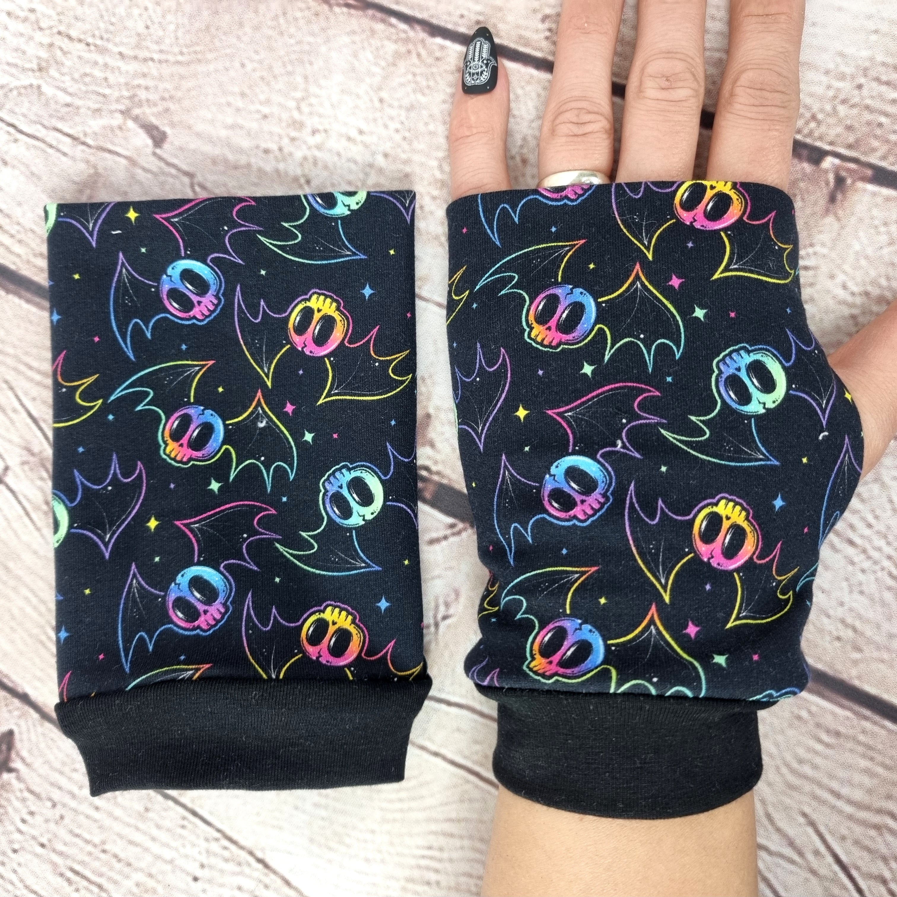 Rainbow skull bats fingerless gloves