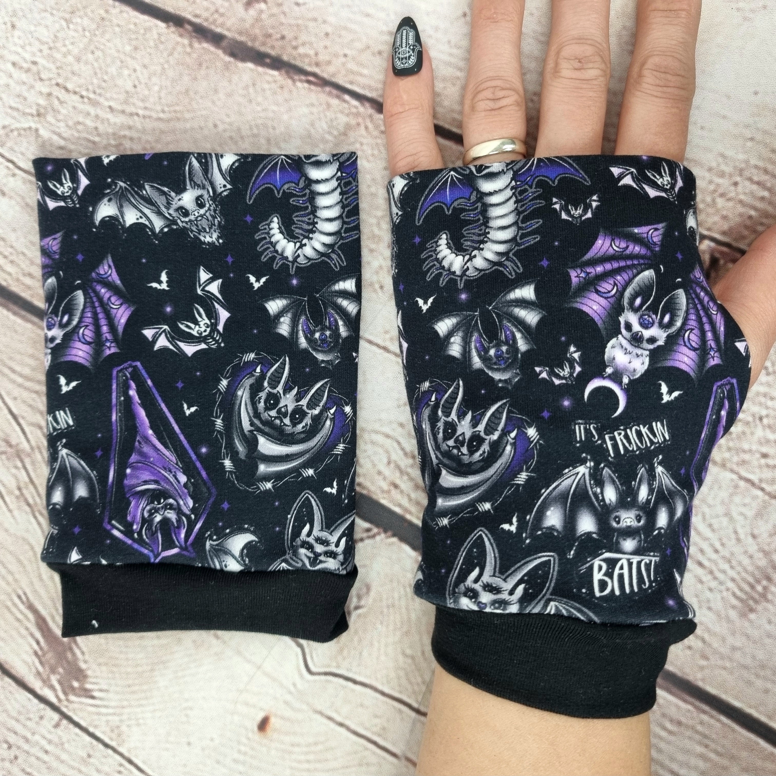 Purple goth bats fingerless gloves cold hands women