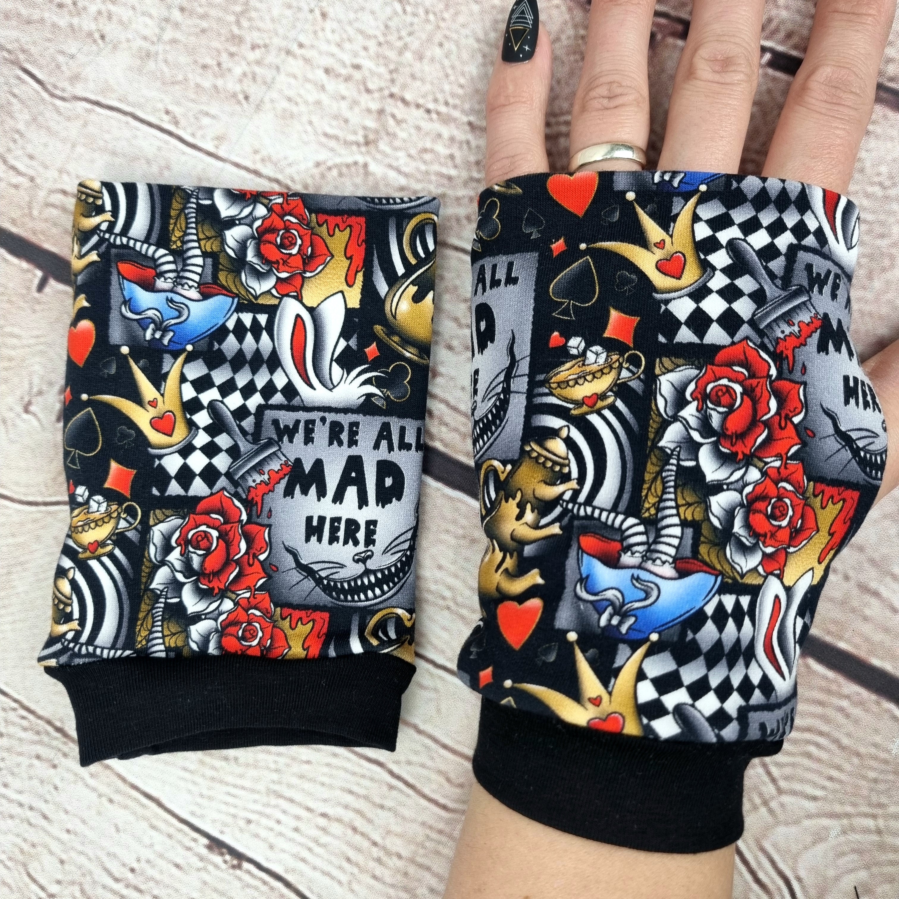 Alice in wonderland fingerless gloves stocking filler
