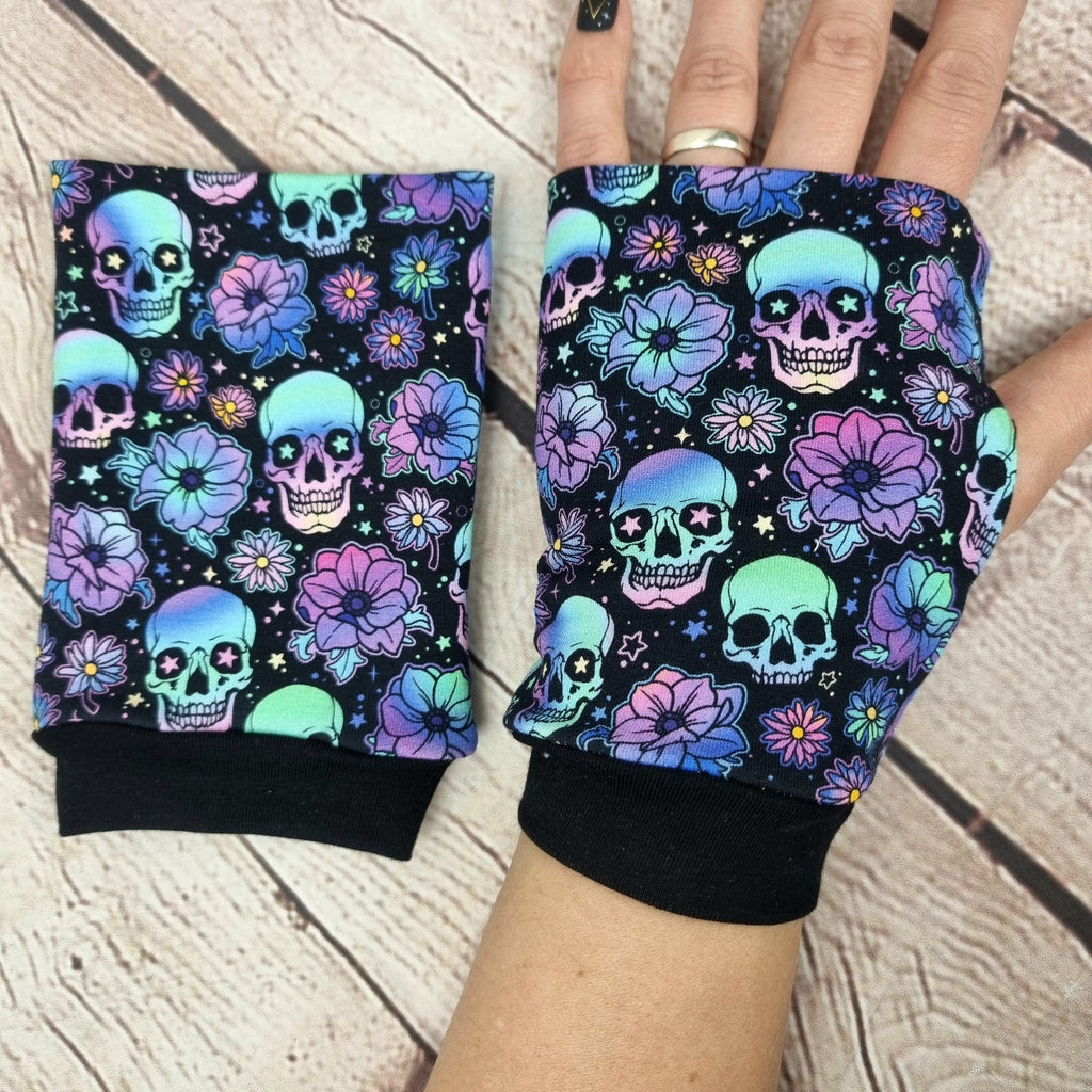 Blue Skulls and Flowers fingerless gloves