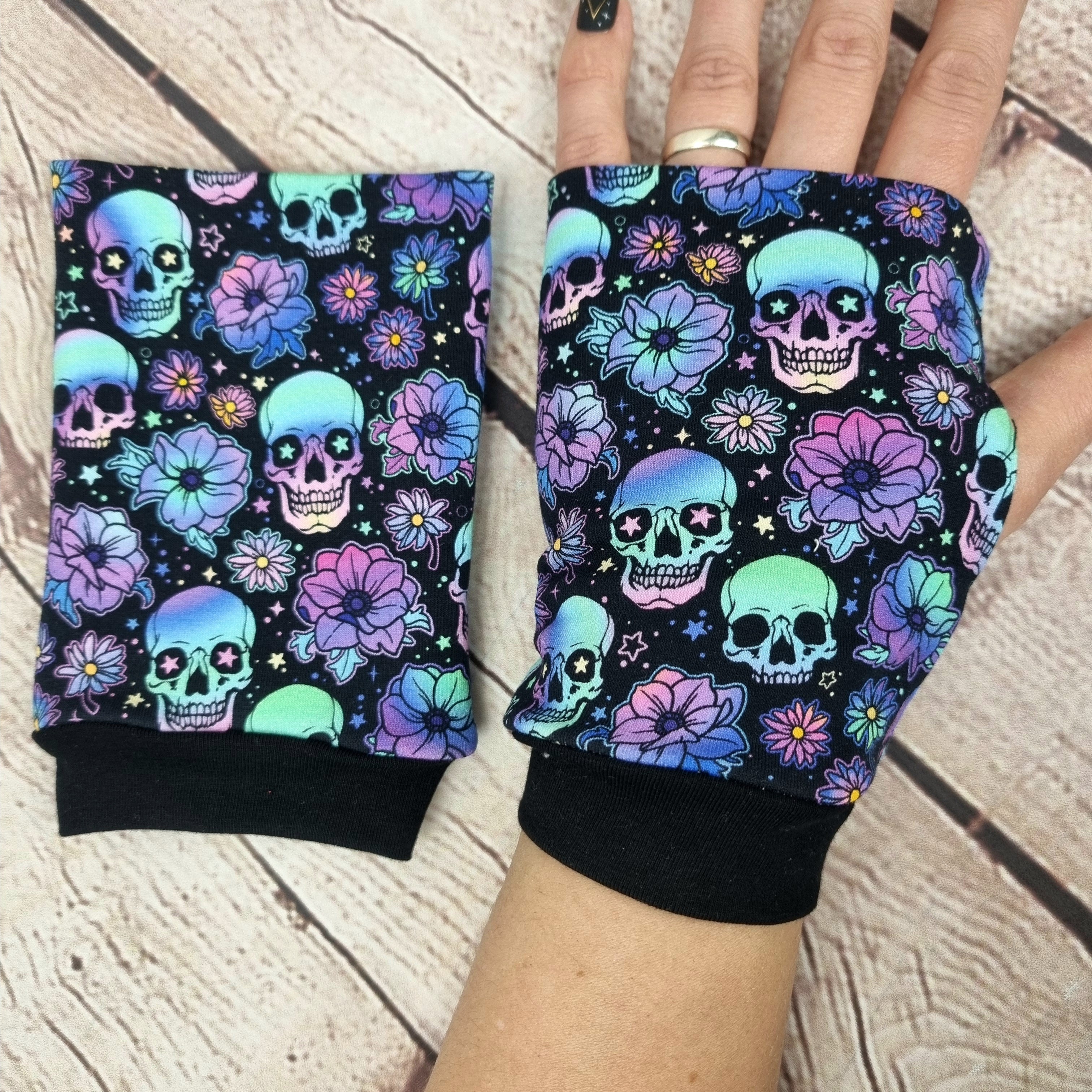 Blue Skulls and Flowers fingerless gloves