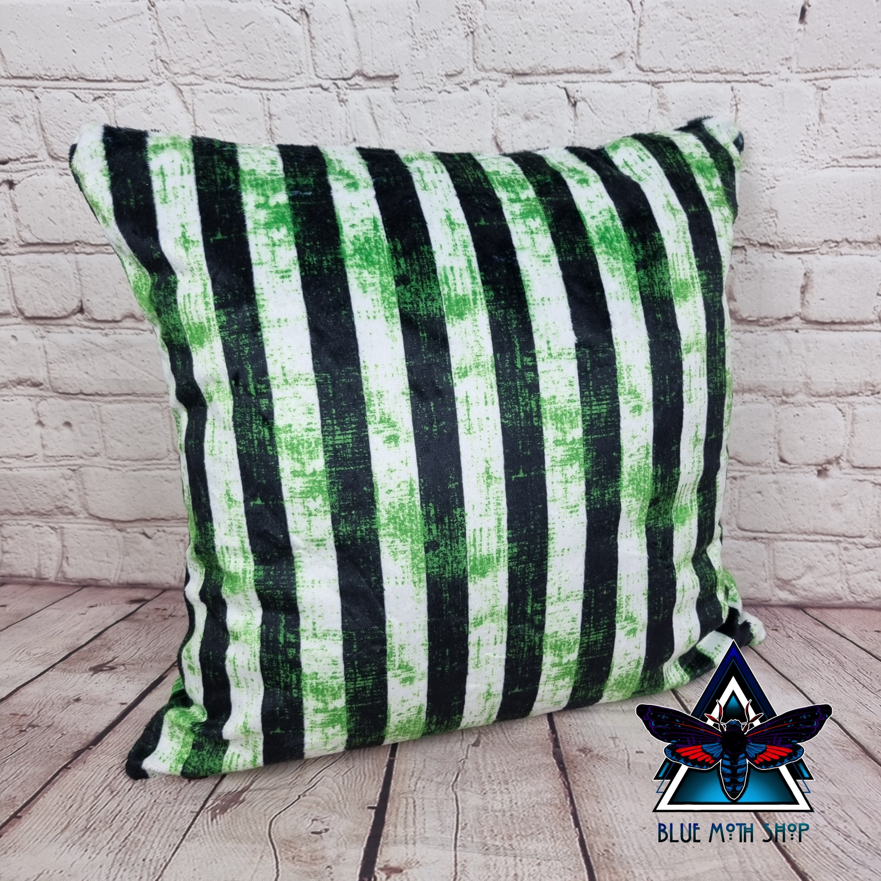 Black, green, white beetlejuice stripes Soft Cushion