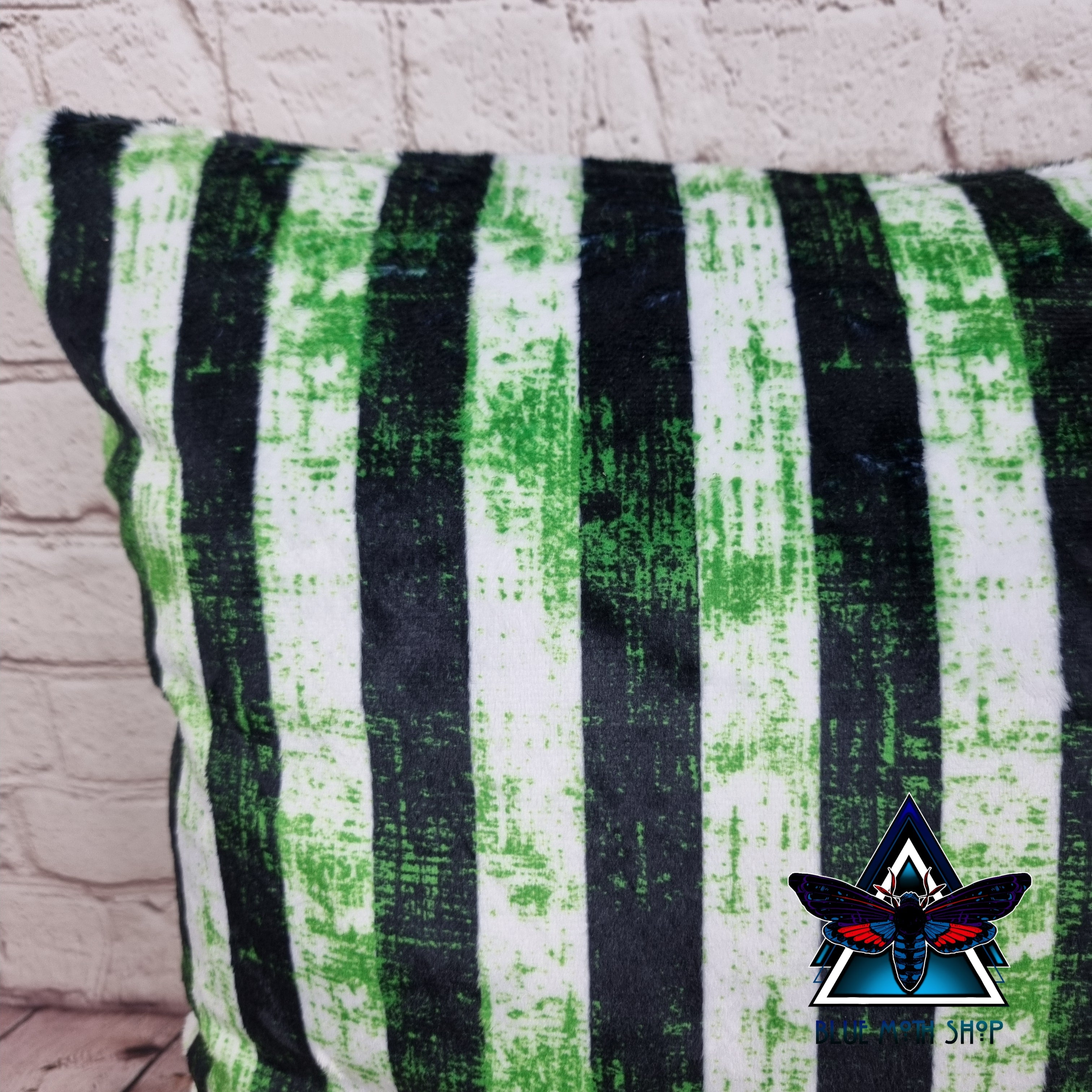 Black, green, white beetlejuice stripes Soft Cushion