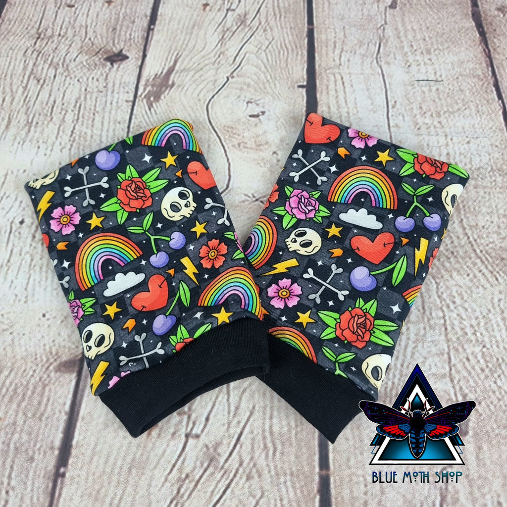 Skulls and Rainbows fingerless gloves