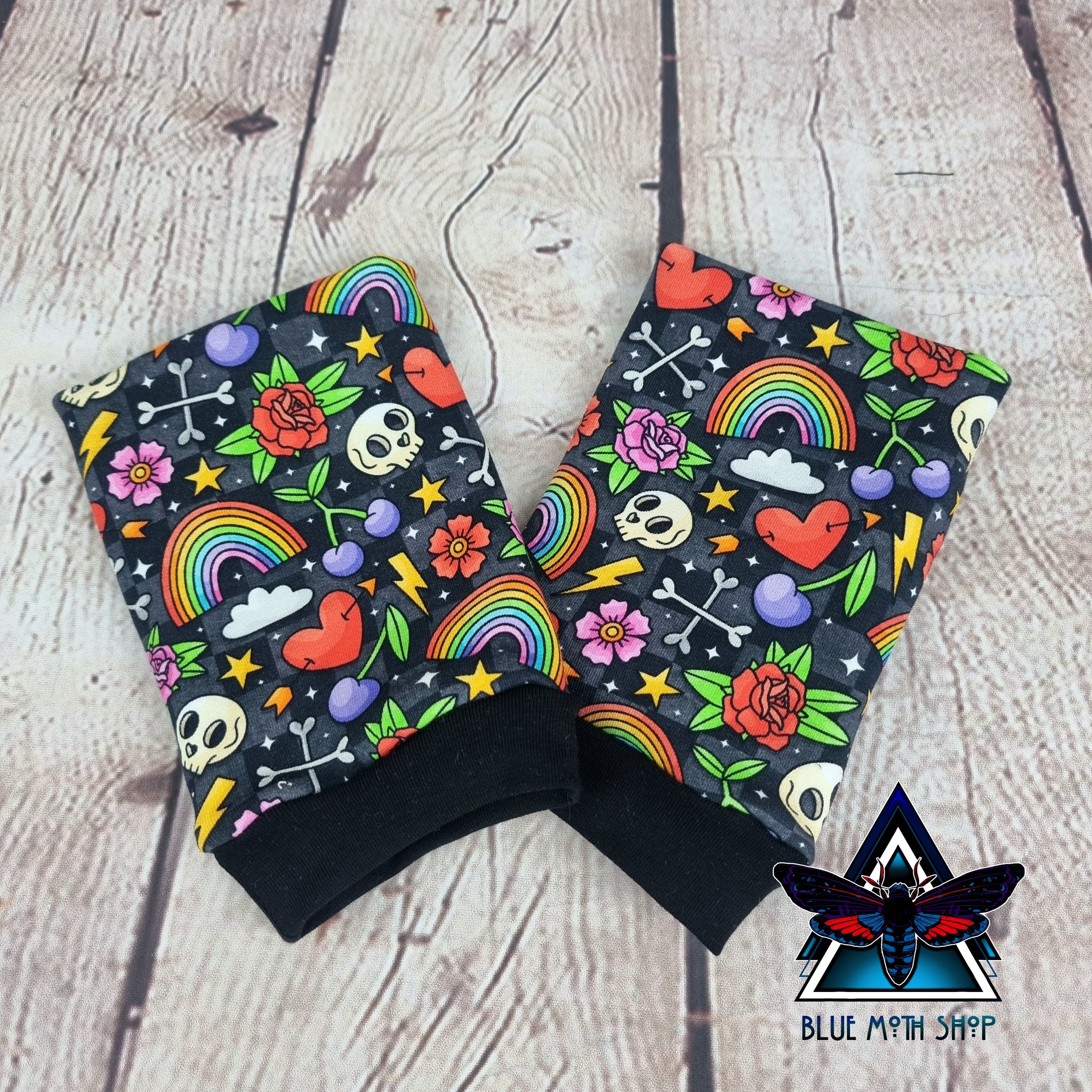 Skulls and Rainbows fingerless gloves