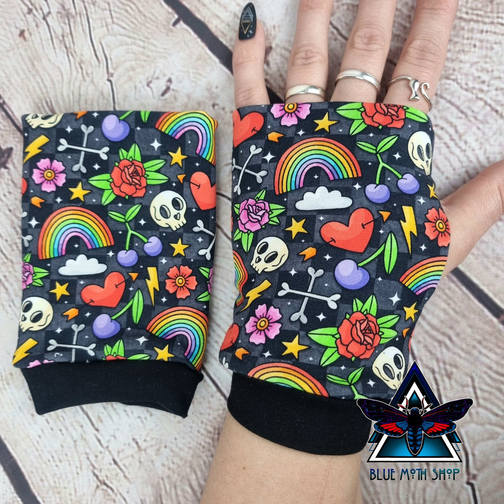 Skulls and Rainbows fingerless gloves