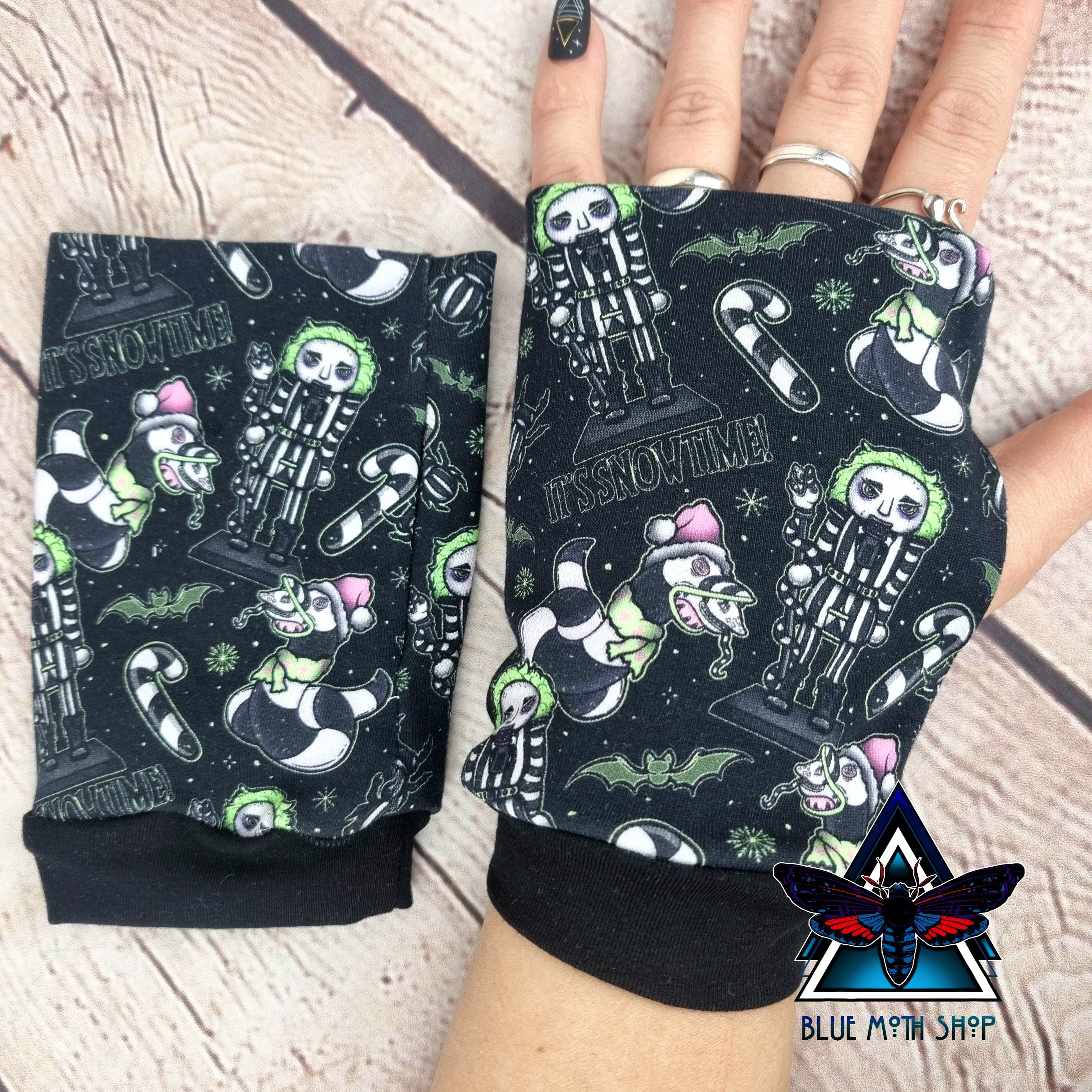 Snowtime Beetlejuice Christmas fingerless gloves