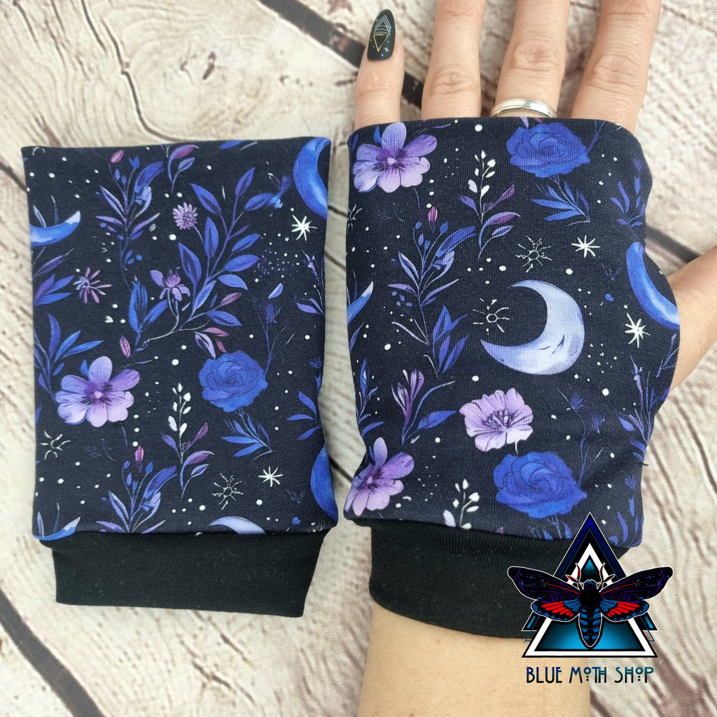 Purple floral moon fingerless gloves