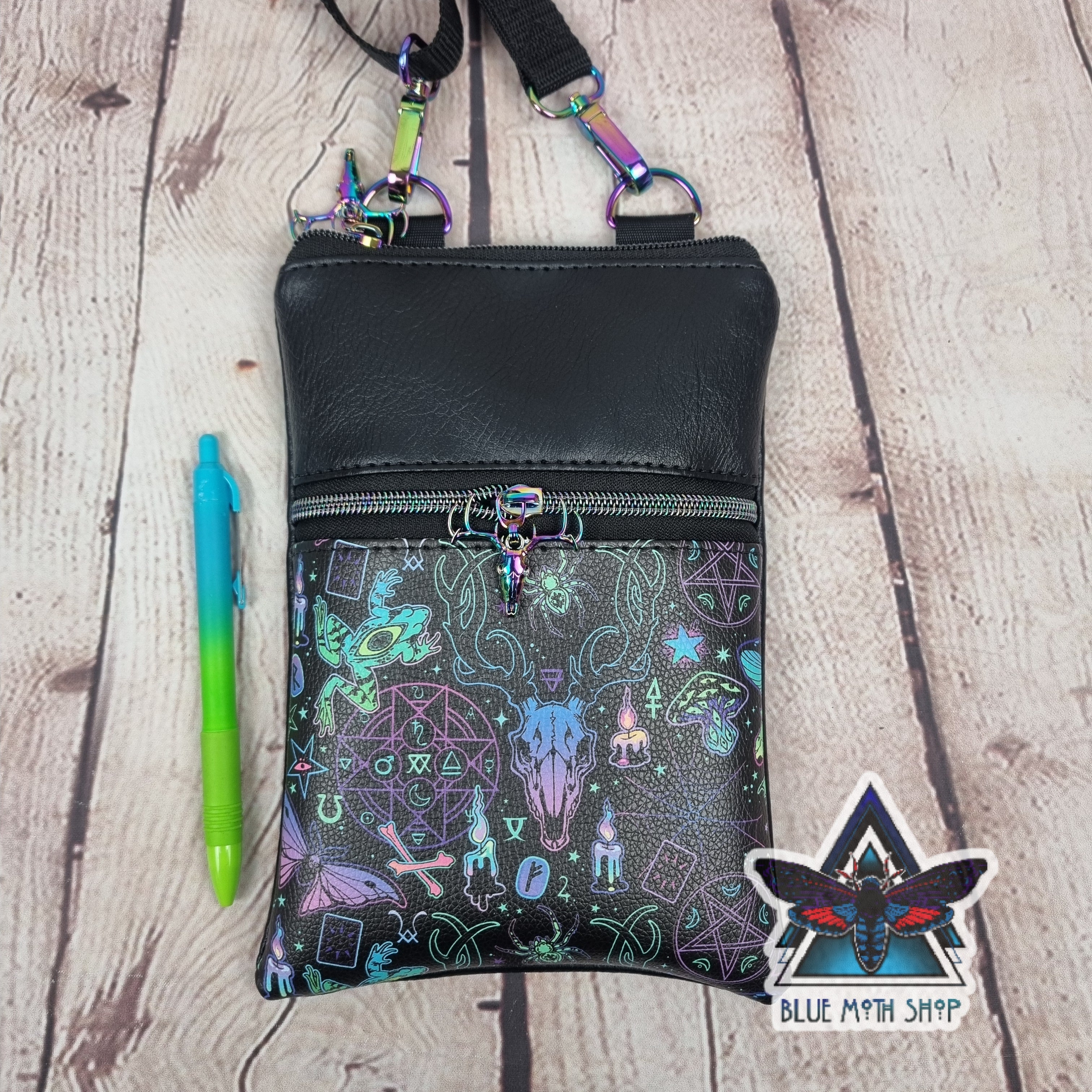 Neon Occult Skull Faux Leather Crossbody Phone Bag