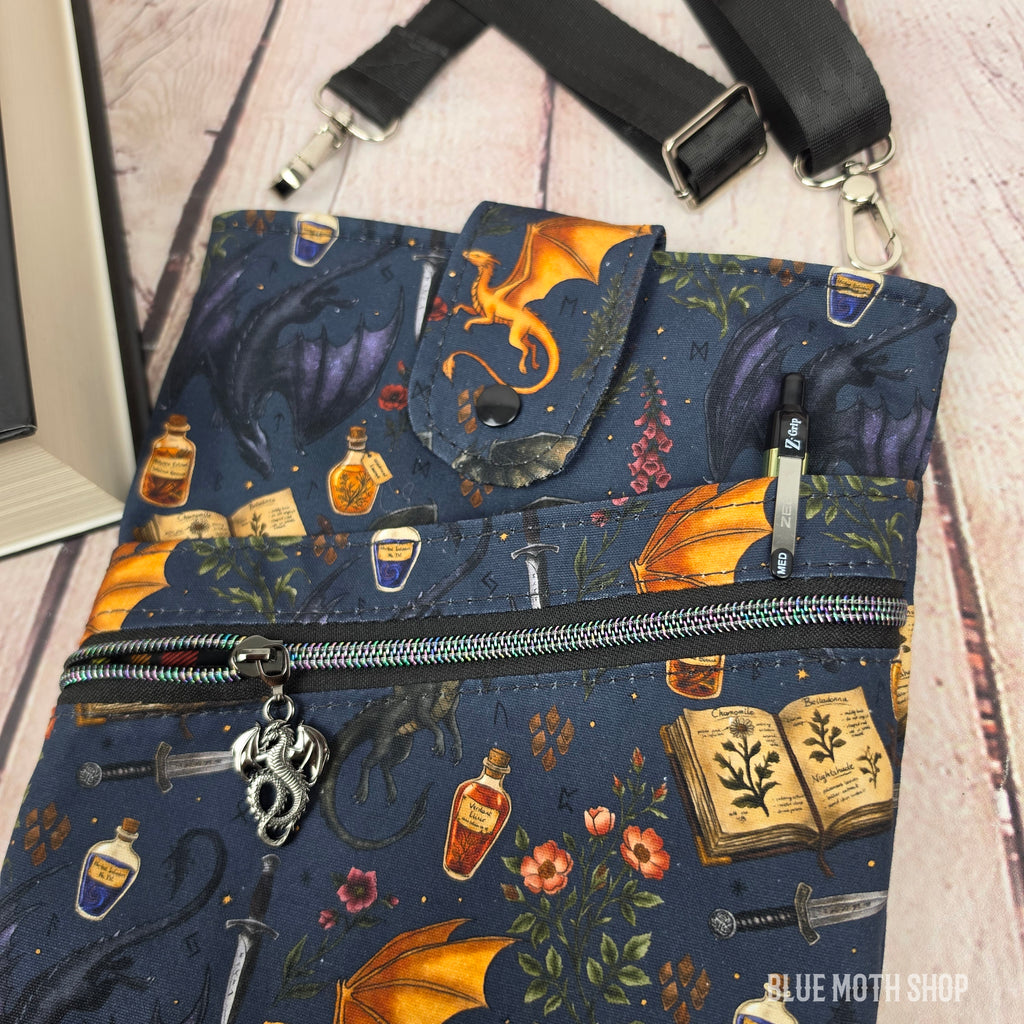 Dragon Stories Navy Book Sleeve or Book Crossbody bag