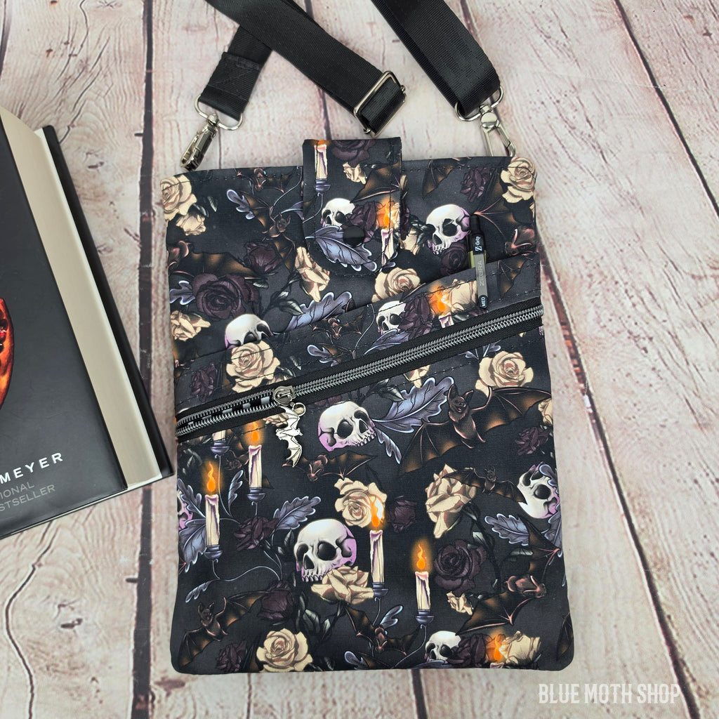 Gothic Skulls and Bats Book Sleeve or Book Crossbody bag