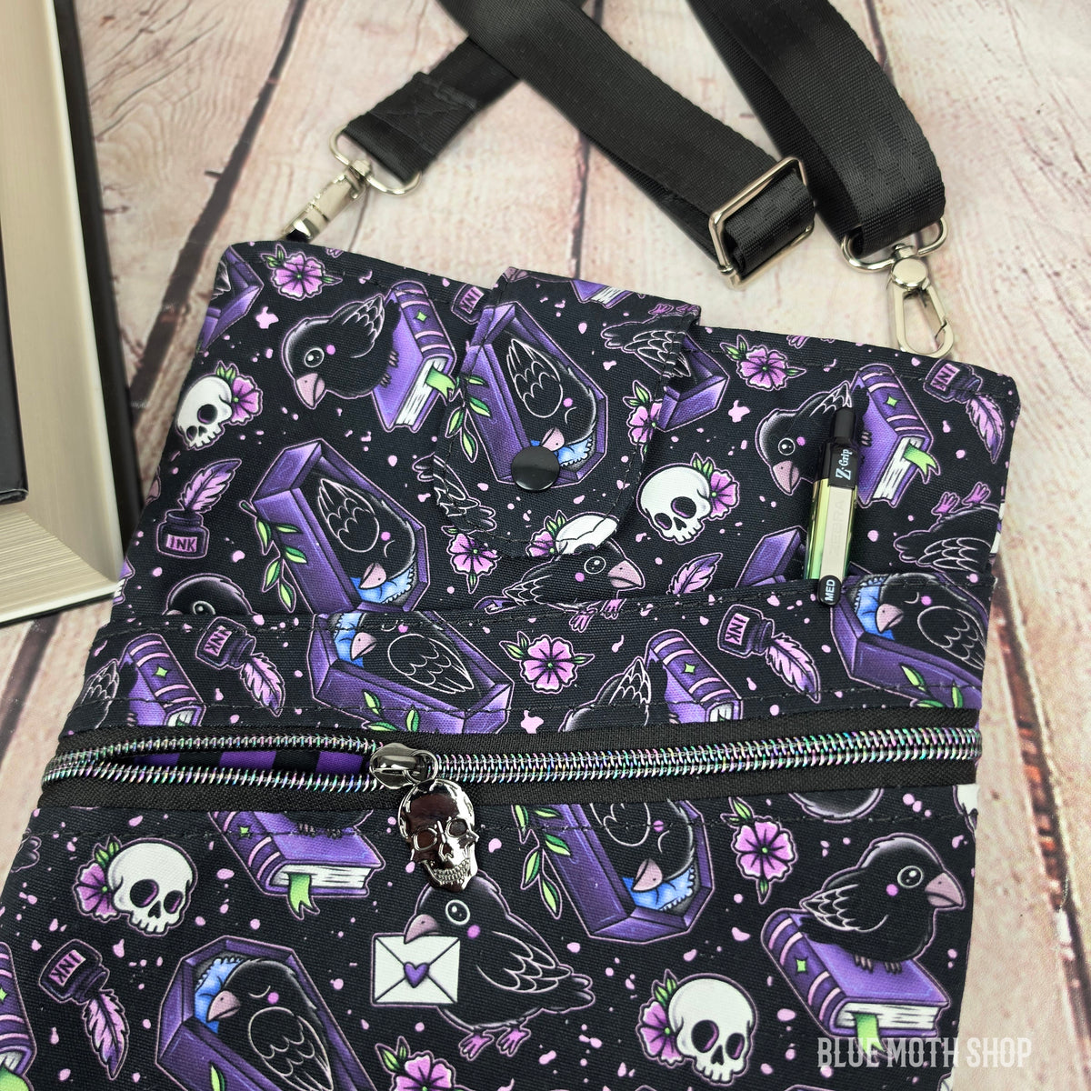 Purple Nevermore Raven Book Sleeve or Book Crossbody bag