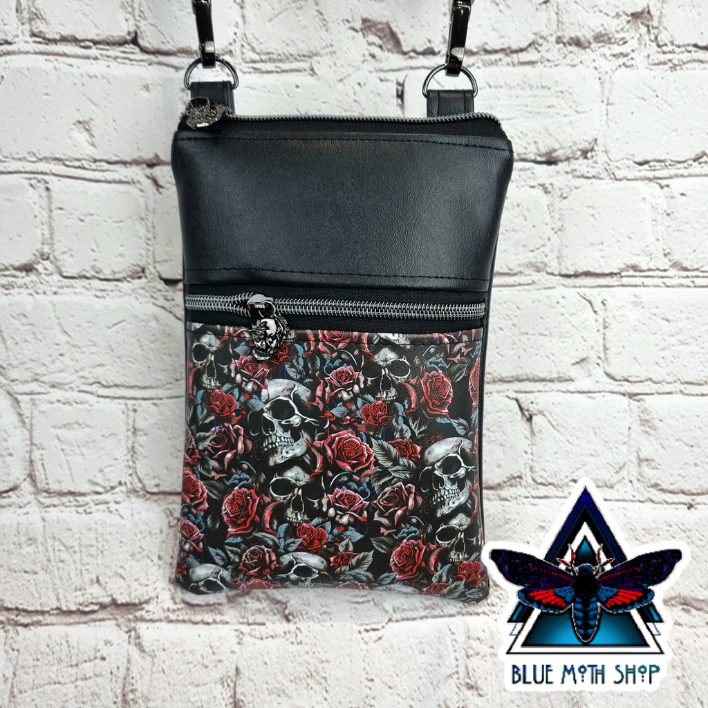 Skulls and Roses Faux Leather Phone Crossbody Phone Bag