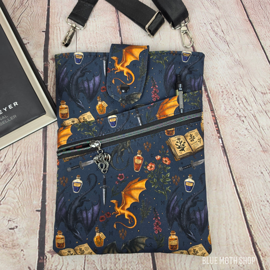 Dragon Stories Navy Book Sleeve or Book Crossbody bag