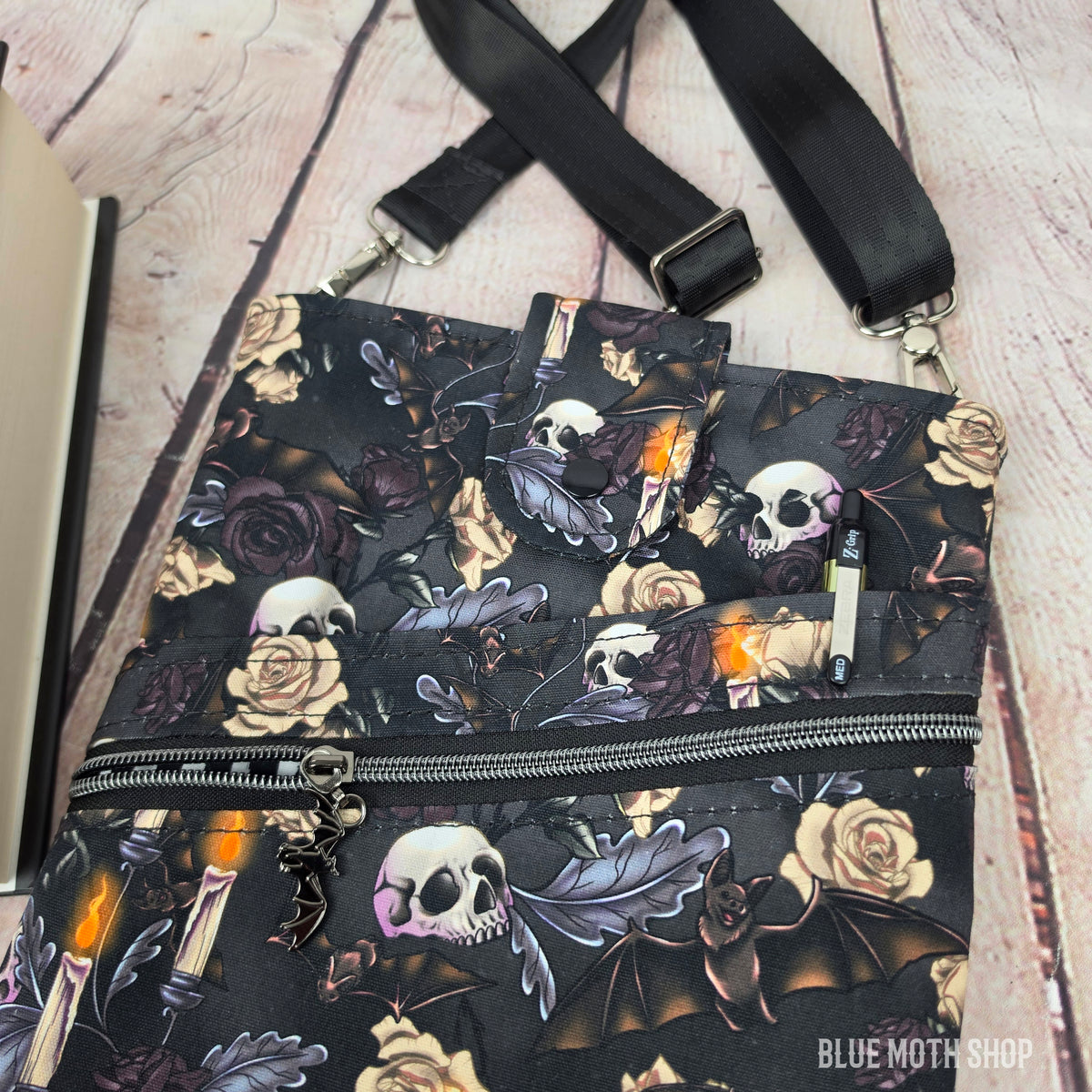 Gothic Skulls and Bats Book Sleeve or Book Crossbody bag