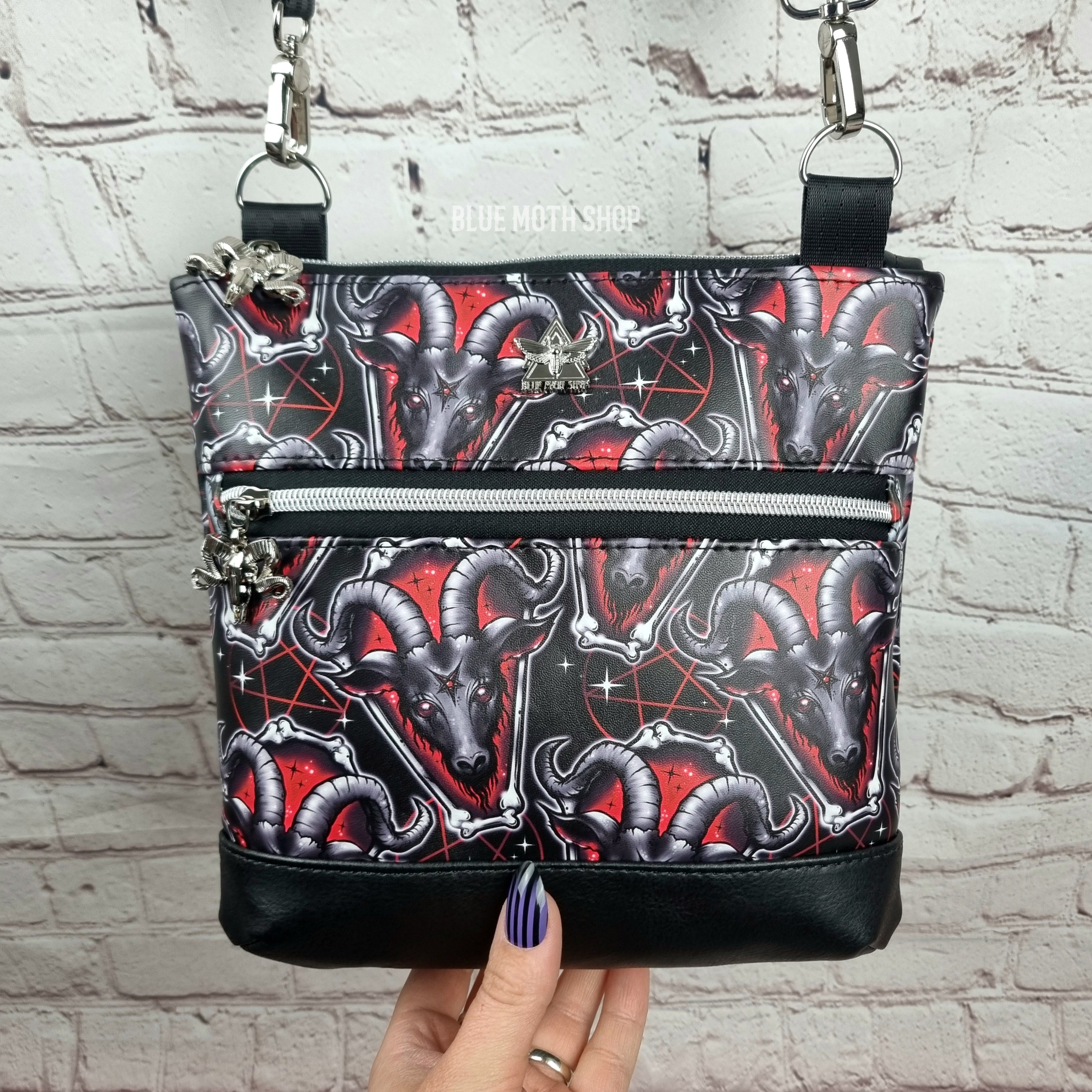 Red Baphomed Goat Skull medium crossbody bag