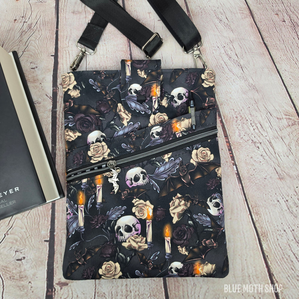 Gothic Skulls and Bats Book Sleeve or Book Crossbody bag