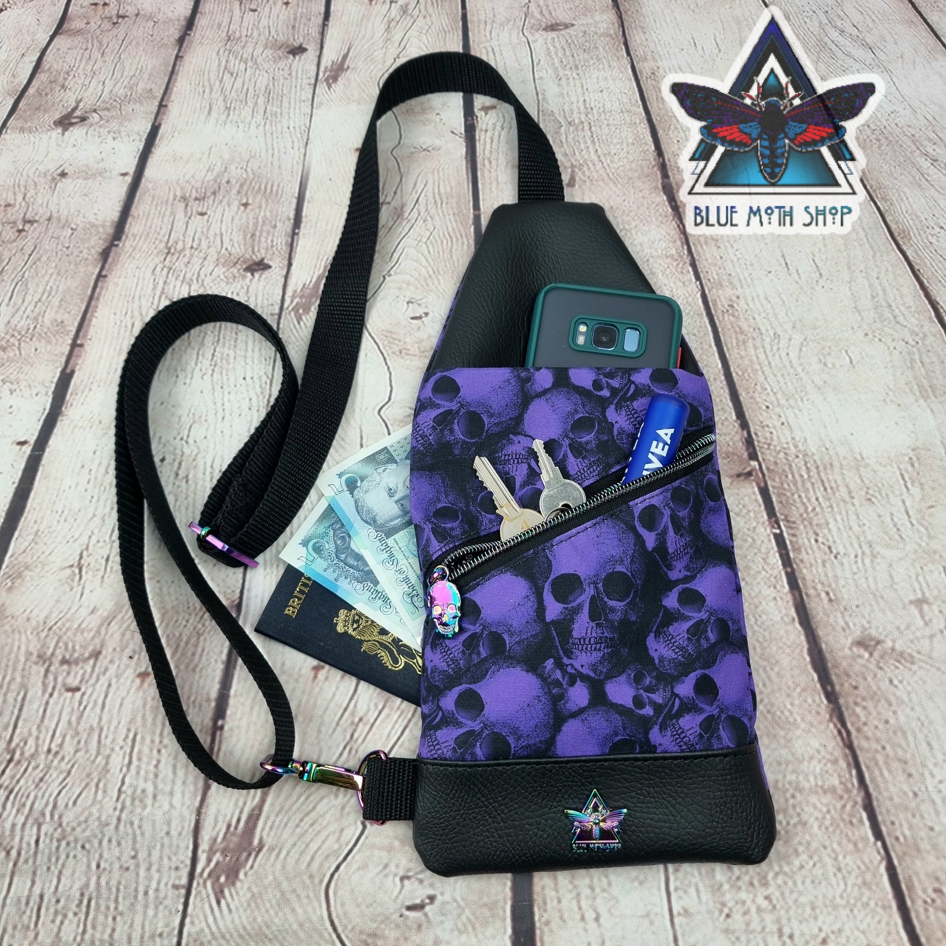 Purple Skulls Mini Travel Sling Bag