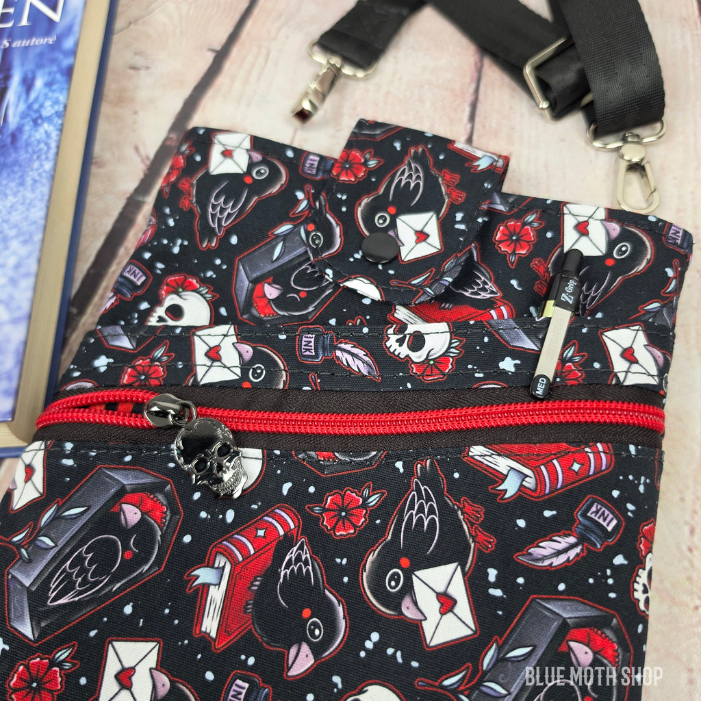 Red Nevermore Raven Book Sleeve or Book Crossbody bag