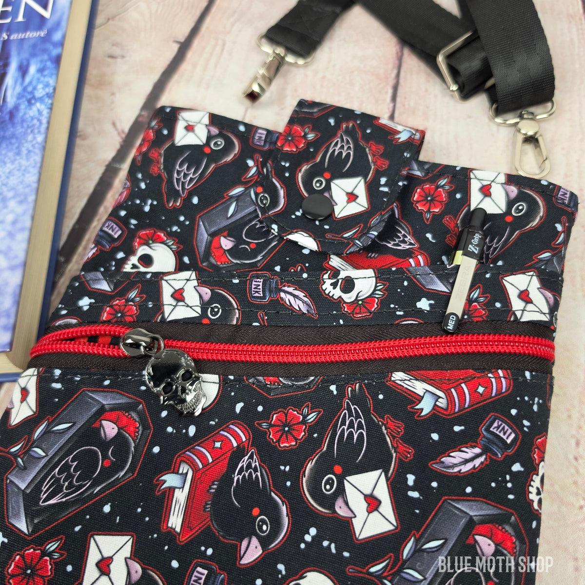 Red Nevermore Raven Book Sleeve or Book Crossbody bag