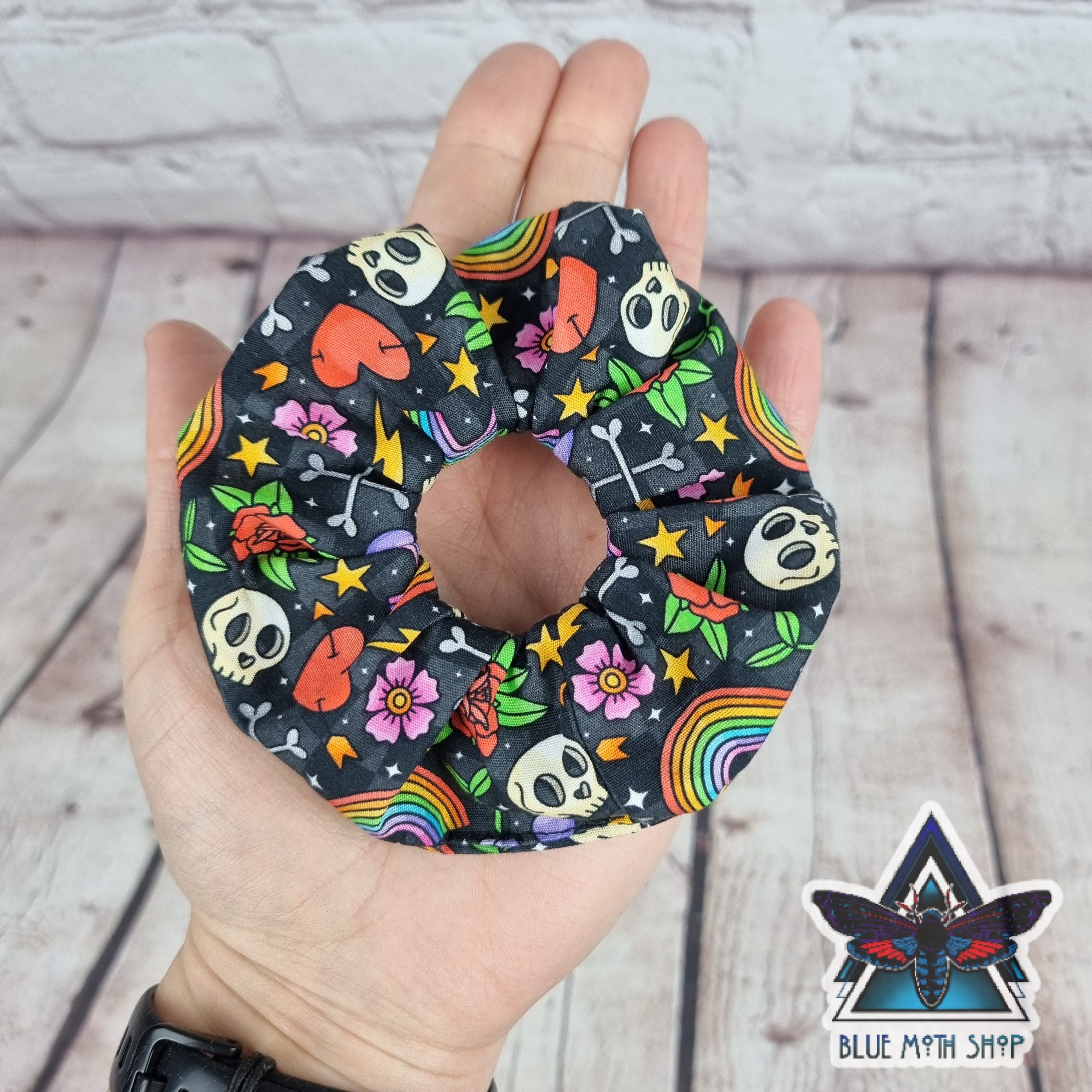 Rainbow Skulls 100% cotton scrunchie