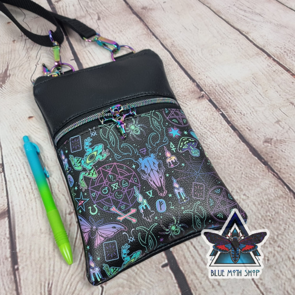 Neon Occult Skull Faux Leather Crossbody Phone Bag