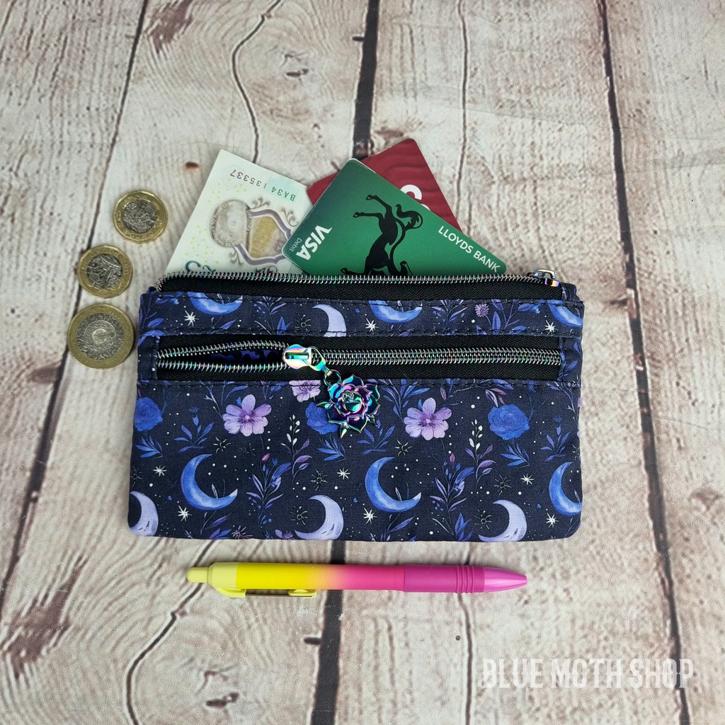 Purple Floral Moons Eco Cotton Canvas Slim Purse Wallet
