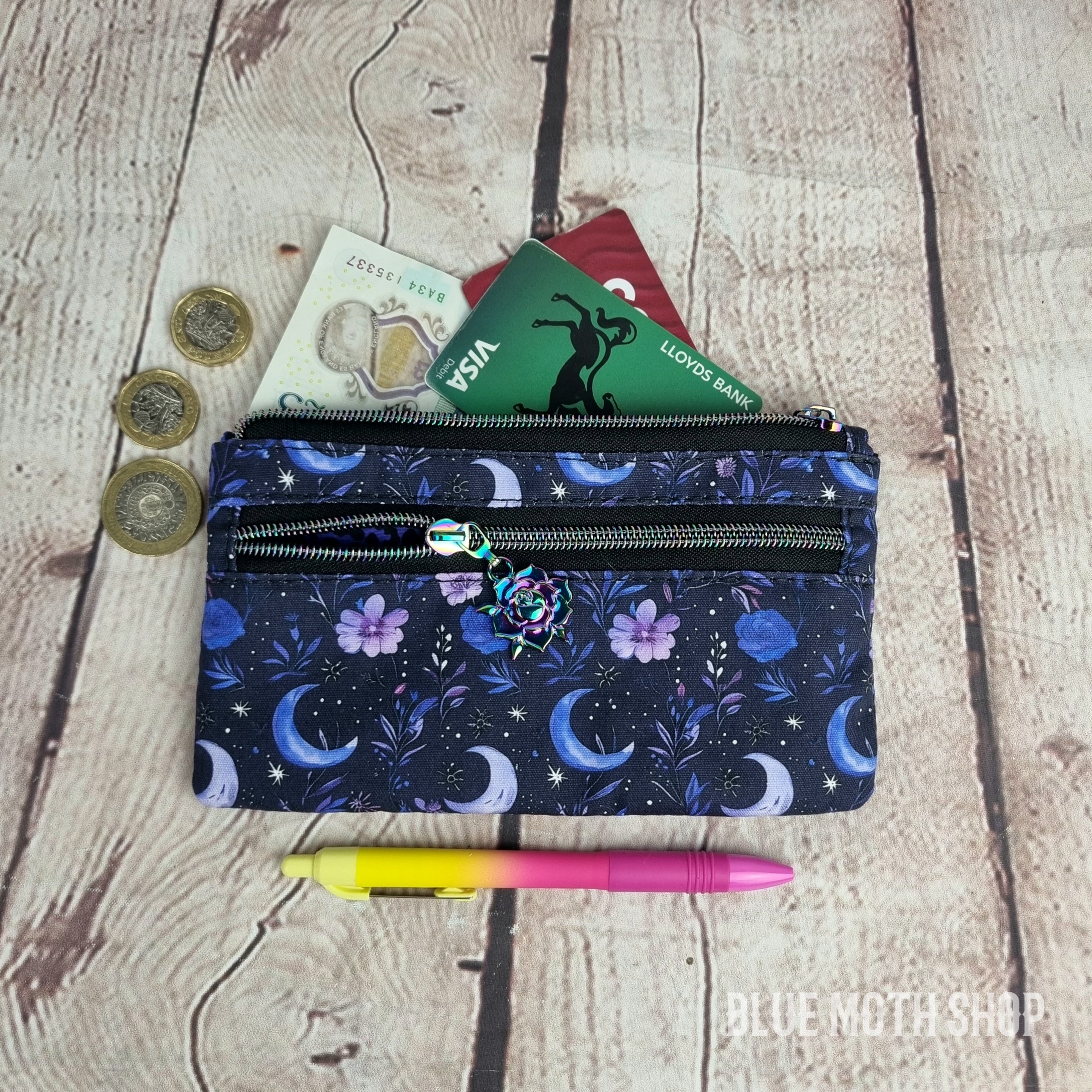 Purple Floral Moons Eco Cotton Canvas Slim Purse Wallet